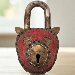 Solid Brass bear Padlock with keys, functional Antique padlock, Indian handicrafts , Bronze Locks with stone work , Temple lock 198
