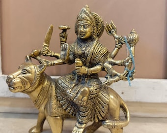 DURGA MAA Idol, 15 CM Durga Statue in Brass, Durga Idol Sitting on lion,  Temple Murti Hindu Goddess of protection, Strength.21