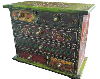 Small Mango Wood Wooden Hand painted Drawer chest of Drawers Jewelry Box Trinket Box Keepsake Girls Gift Mother&#39;s day Gift Boho Style