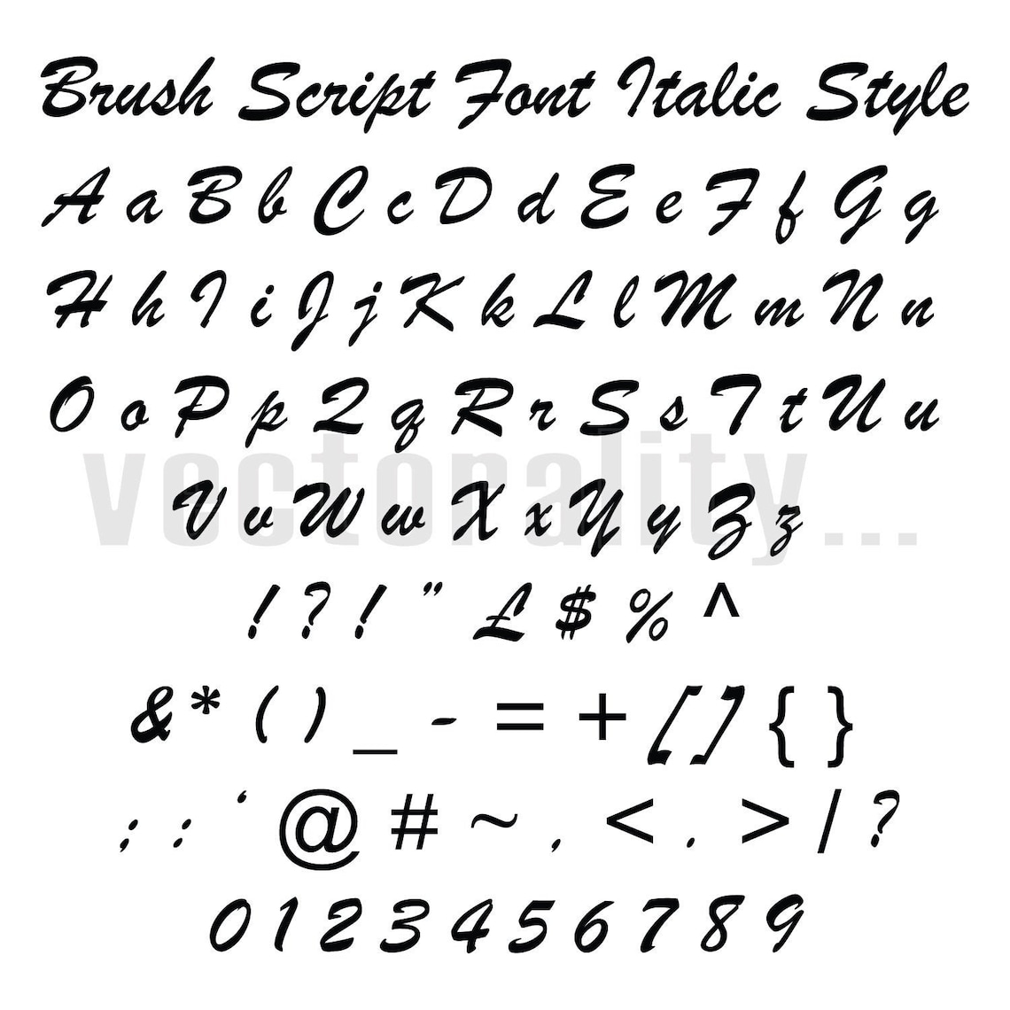 Brush Script Font Italic Style Alphabet Numbers Letters Vector Etsy