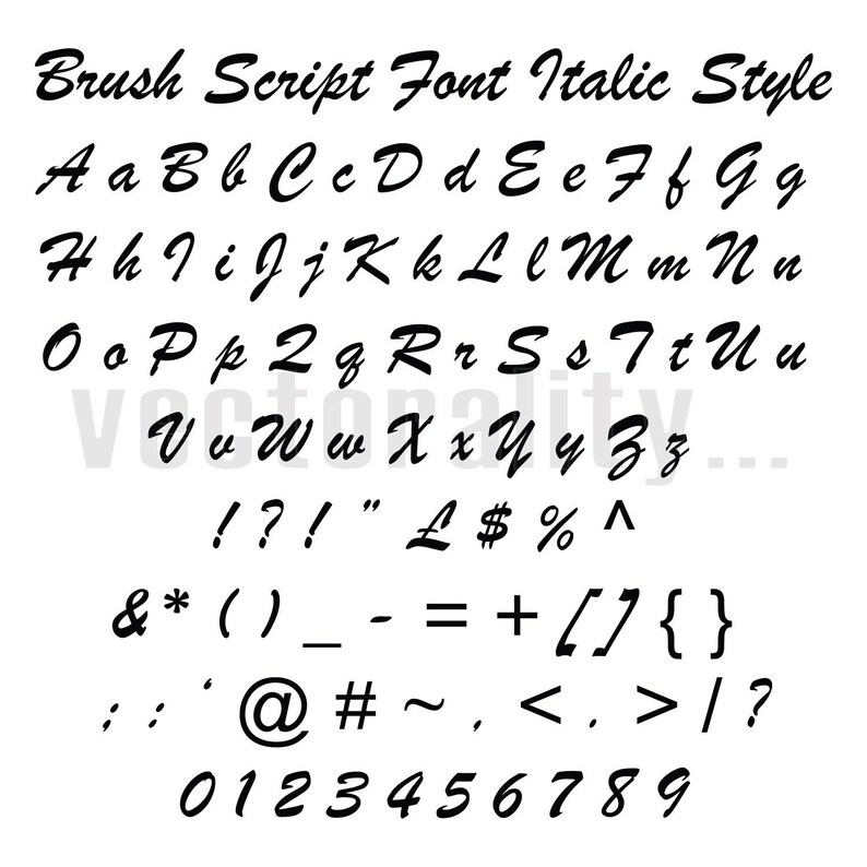 Brush Script Font Italic Style Alphabet Numbers Letters Vector | Etsy
