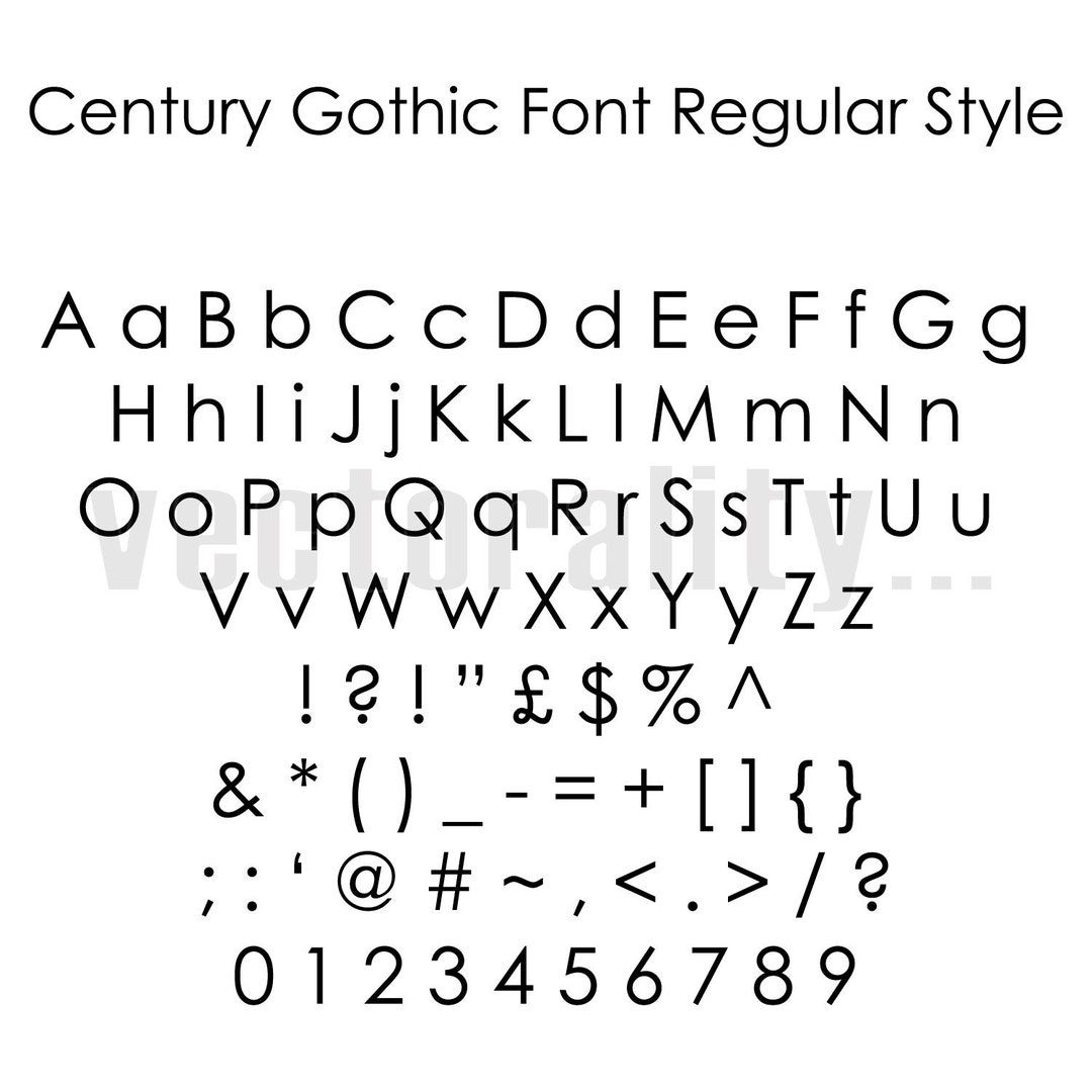 Century Gothic Font Regular Style Alphabet Numbers Letters Etsy UK
