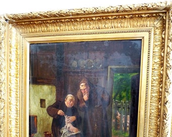 Monks, feeding the piglet, 19th century  signed: no oil on canvas,