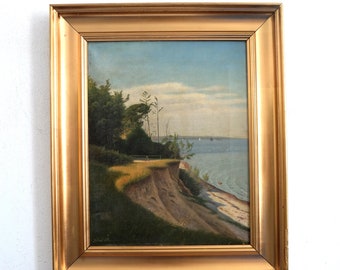 Romántico fino, vista desde la costa de Stei, pintura al óleo original de Julius Petersen, siglo XIX