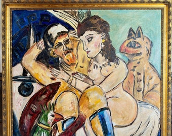 Très grand expressionniste, amoureux avec chat, peinture à l'huile vers 1950