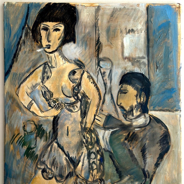 Expressionist oil painting, Smoking Female Nude, around 1950