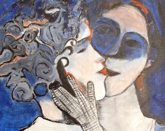 The Kiss - Women in Harlequin Costumes, Expressionist, 1st Half 20th Century  signed: no oil on canvas plain frame