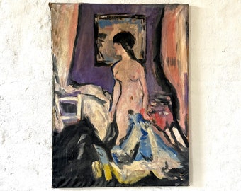 Expressionist, weiblicher Akt in der Schlafstube, altes Ölgemälde um 1930