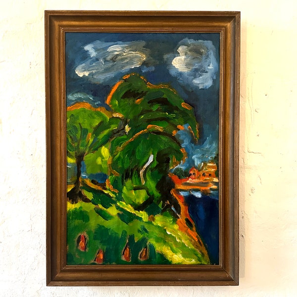 Expressionniste, arbres sur la berge, peinture à l'huile ancienne vers 1930