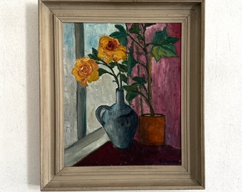 Fleurs à la fenêtre, expressionniste, milieu du siècle, peinture à l'huile ancienne vers 1950