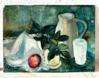 Impressionistisches Stillleben mit Apfel und Krug, kleines feines Ölgemälde um 1950