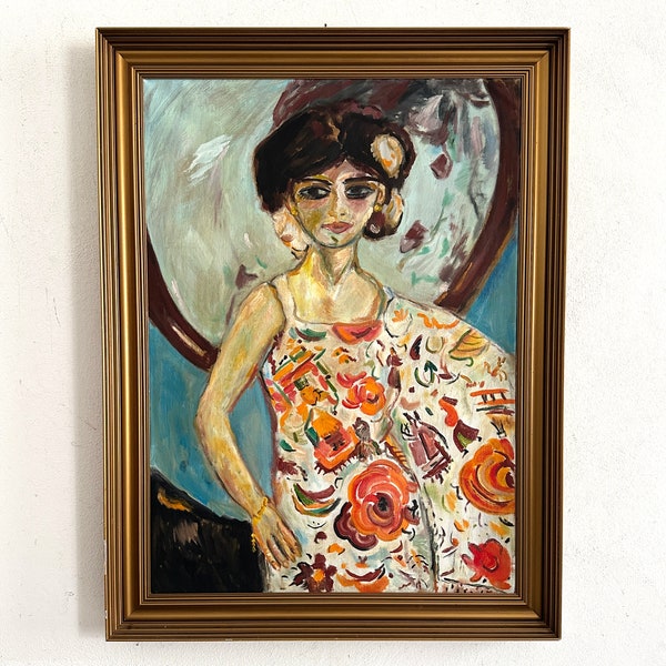 Expressionist, Portrait einer Dame mit bunten Kleid, großes Ölgemälde um 1950