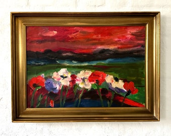 Expressionniste, fleurs des champs au bord du champ, peinture à l'huile passionnante vers 1930