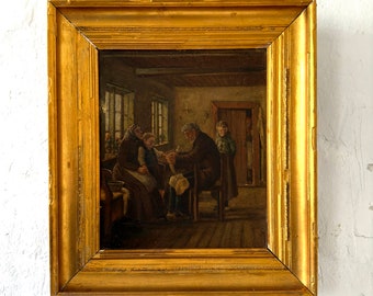 Peintre de genre, la visite du médecin, peinture à l'huile ancienne vers 1870