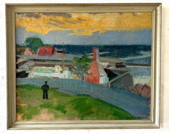 Large, expressionist landscape by the sea, Knud Ove Hilkier, Denmark, 1947