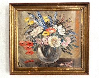 Summer flowers in a vase, impressionistic, old oil painting from 1934
