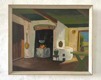 Dans la cuisine du fermier, tableau moderne des années 50