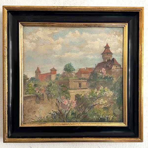 Mittelalterliche Stadt, impressionistisch, altes Ölgemälde um 1930