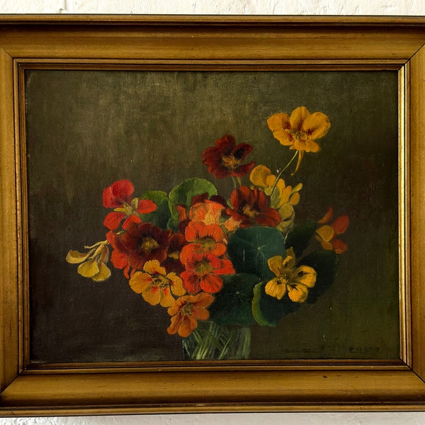 Blumen in Glasvase, Stillleben, Sehr feine Jugendstil Malerei von 1912