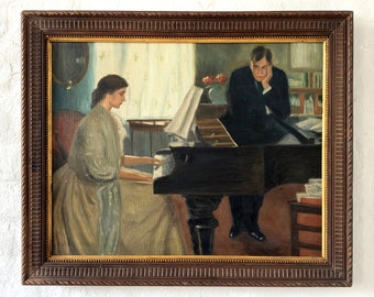 La scuola di pianoforte, interni raffinati in stile Liberty intorno al 1910