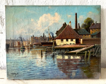 Marine, scène dans le port de la ville, romantiques vers 1930