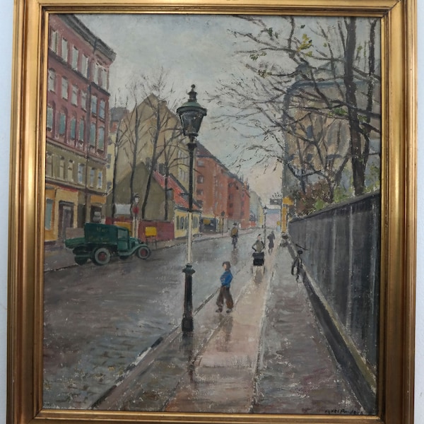 Lively street scene with truck, impressionist, 1st half of the 20th century  signed: Axel Anders oil on canvas