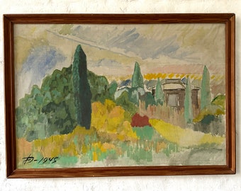 Impressionniste, paysage méridional, grande peinture à l'huile de 1945