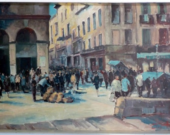 Animated street scene (Italian?), Carloff 1966 signed: Carloff 66 oil on canvas plain silver frame,