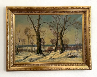 Paesaggio invernale, bellissimo dipinto ad olio romantico e raffinato del 1876