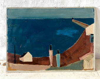 Moderne Szene Am Hafen, expressionistisch, mid-century Gemälde, Dänemark um 1950