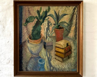 Expressionniste, nature morte avec cactus, livres et figurine en porcelaine, A. Hauptmann vers 1930.