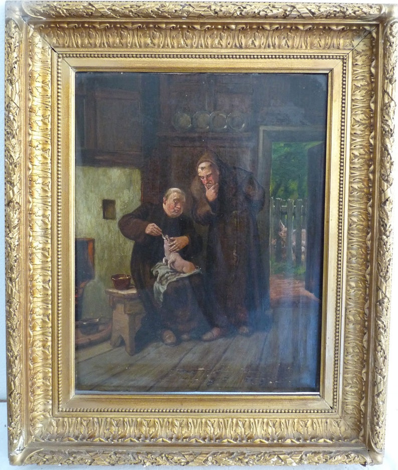 Monks, feeding the piglet, 19th century signed: no oil on canvas, image 2