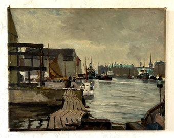 Cargo ships in the old industrial harbor of Copenhagen, oil painting around 1930