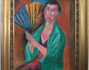 Lady with a fan, Expressionist, 1st half of the 20th century signed: no Oil on canvas