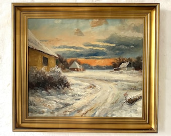 Paysage d'hiver dans la rémanence, peinture à l'huile moderne vers 1960