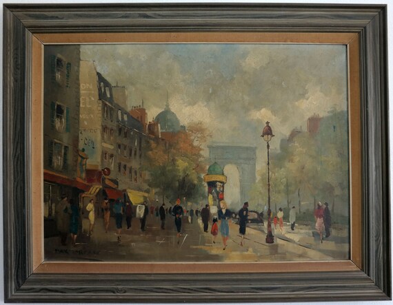 Busy Street Scene Paris Mid 20th Century Signed Max Mor Oil on