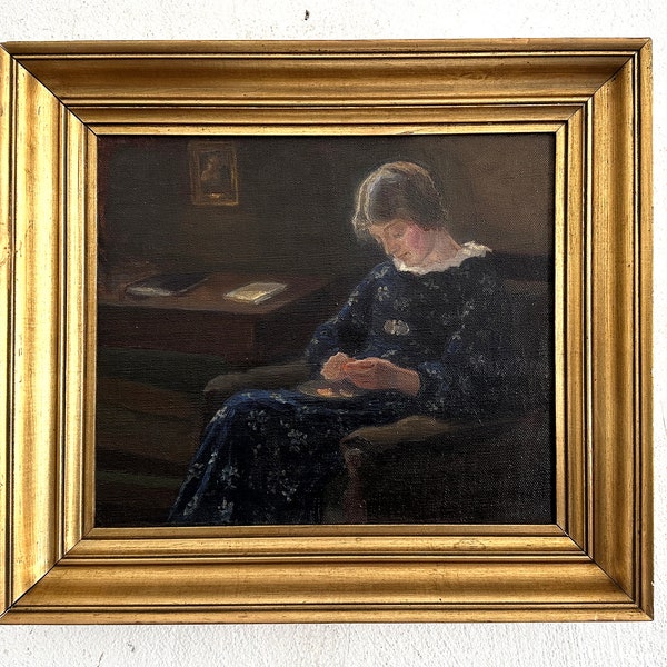 Portrait de femme en robe bleue dans un fauteuil, romantique, peinture à l'huile vers 1930