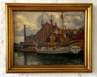 Marin cargo à trois mâts sur le quai, peinture à l'huile ancienne de 1912