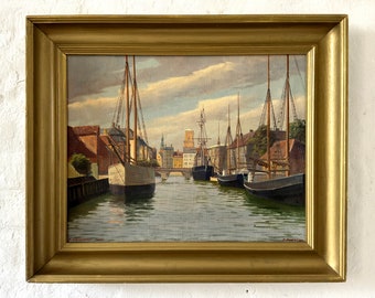 Veleros en el canal del puerto, pintor marino Frederik Svendsen, alrededor de 1930