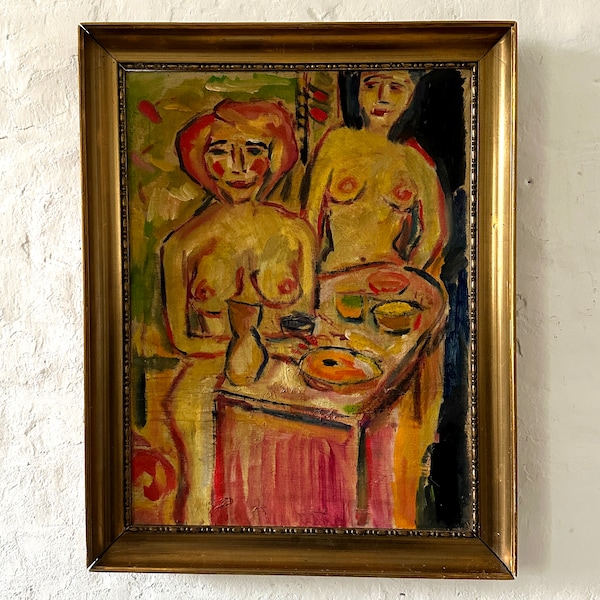 Expressionist, female nude at breakfast, oil painting around 1920