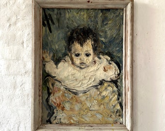 Portrait d'un petit enfant, expressionniste, peinture à l'huile ancienne vers 1930