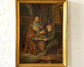 Lors d'une dégustation de vins au monastère, peintre de genre, vers 1930