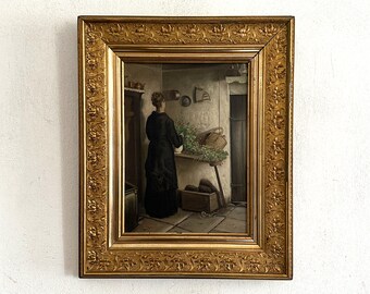 Romantique, femme arrangeant des fleurs, peinture à l'huile ancienne originale vers 1900