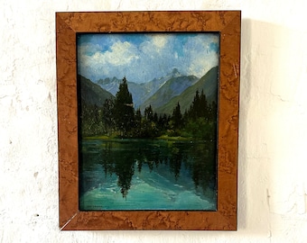 Romantic scene at the mountain lake, fine old painting, 1918