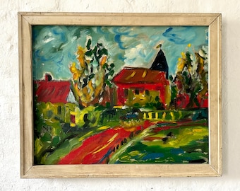 Expressionist, bunter Garten an der Kirche, Ölgemälde um 1950