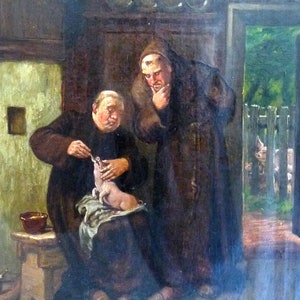 Monks, feeding the piglet, 19th century signed: no oil on canvas, image 3