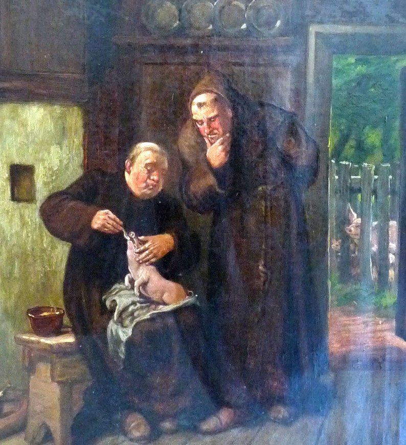 Monks, feeding the piglet, 19th century signed: no oil on canvas, image 3