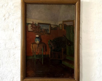 Fine Art Nouveau, interior with paintings and flowers, oil painting from 1905