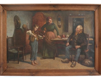 Pittore di genere, Il preludio del violino, scena borghese, dipinto ad olio originale intorno al 1900
