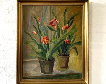 Pots de fleurs sur le rebord de la fenêtre, expressionniste, peinture à l'huile ancienne vers 1930